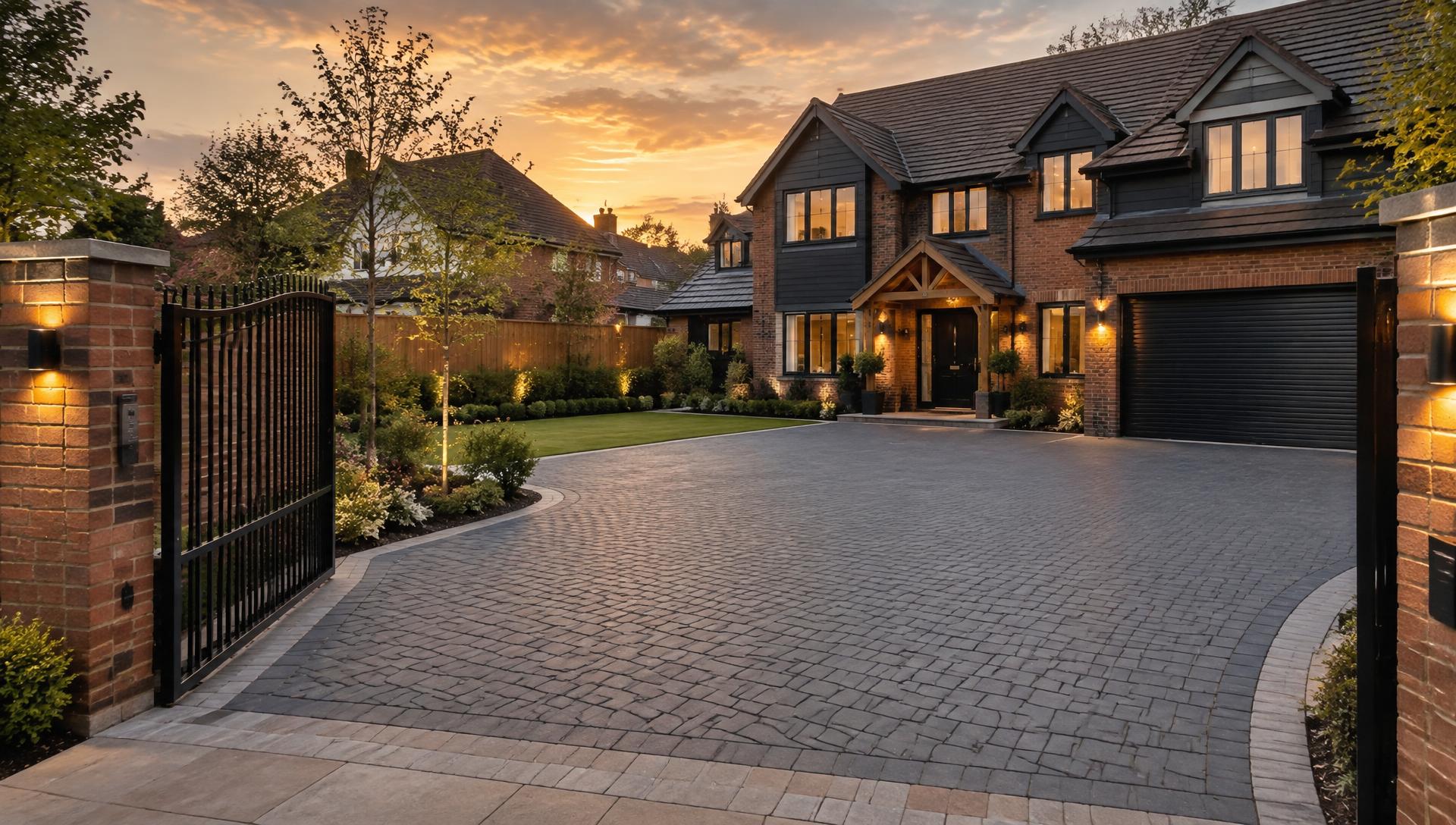 Block paved driveway with brick piers and metal gates